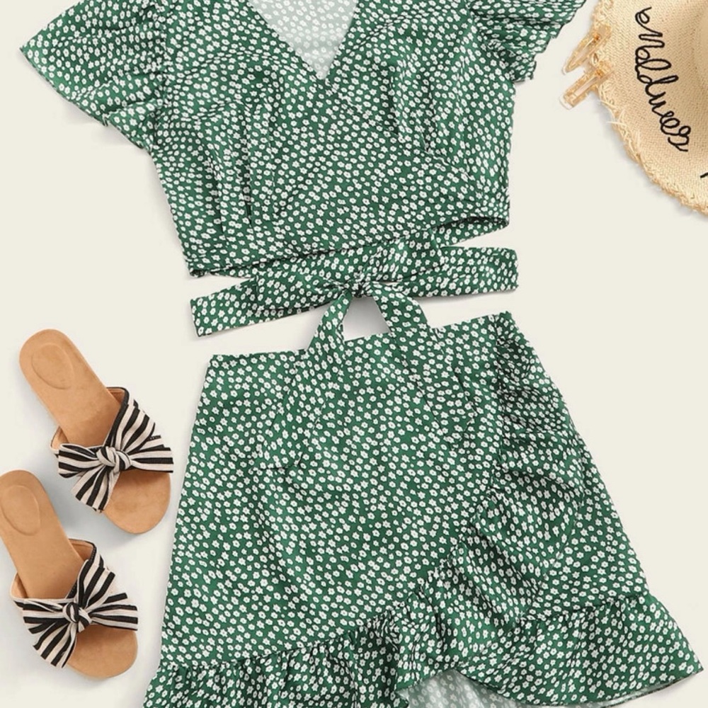 Floral Crop Top & Ruffled Mini Skirt Set